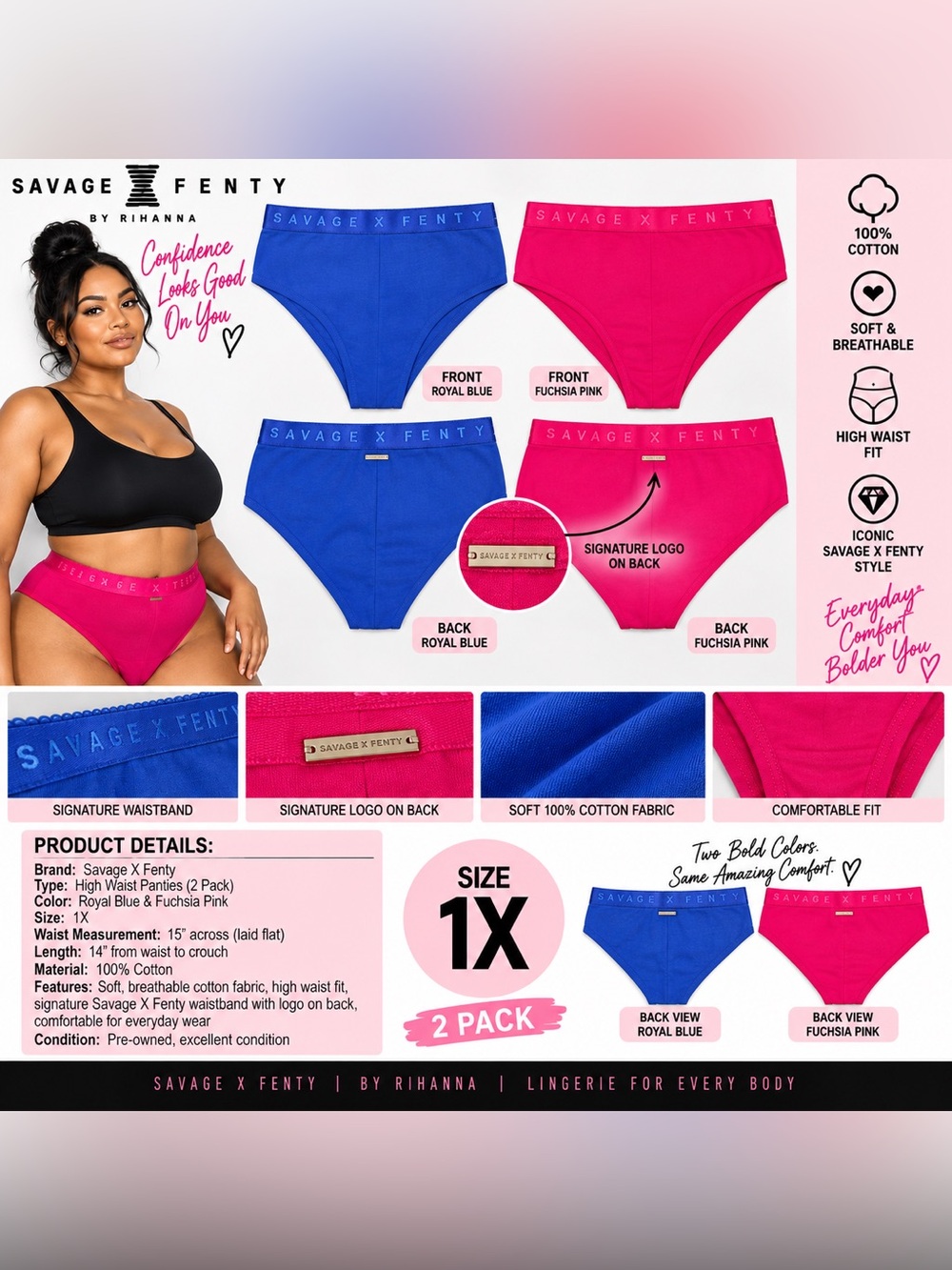 SAVAGE X FENTY 2 PK HIGH WAIST PANTIES - BLUE & PINK SIZE 1X (NEW WITH TAGS) A4